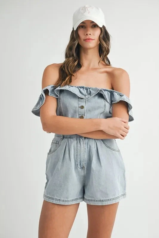 MABLE Off Shoulder Ruffle Detail Denim Romper 5 MABLE Off Shoulder Ruffle Detail Denim Romper - Image 3