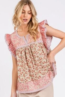 Mittoshop Floral Notched Ruffled Cap Sleeve Blouse -Sydney So Sweet a5cbc6f5 cc8d 4845 b173 7c63c1c35b1c Min
