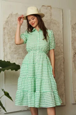 Davi & Dani Checkered Puff Sleeve Tiered Shirt Dress -Sydney So Sweet a61282a1bd1a455981fb009674a1abff Max Origin