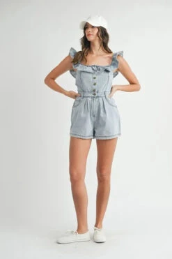 MABLE Off Shoulder Ruffle Detail Denim Romper 25 MABLE Off Shoulder Ruffle Detail Denim Romper -Sydney So Sweet a9c3d5184da344579dd6d0df5c873baa Max Origin