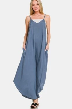 Zenana Spaghetti Strap Wide Leg Overalls With Pockets