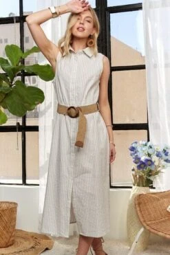 ADORA Striped Button Down Sleeveless Midi Dress -Sydney So Sweet ab3152da 66d4 4f09 aa05 22615f3fb6a1 Min