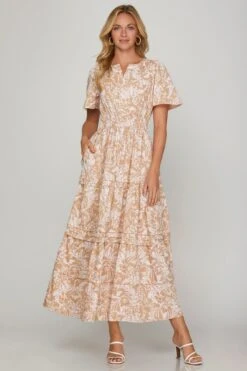 She + Sky Printed Notched Woven Tiered Pintuck Maxi Dress With Side Pockets