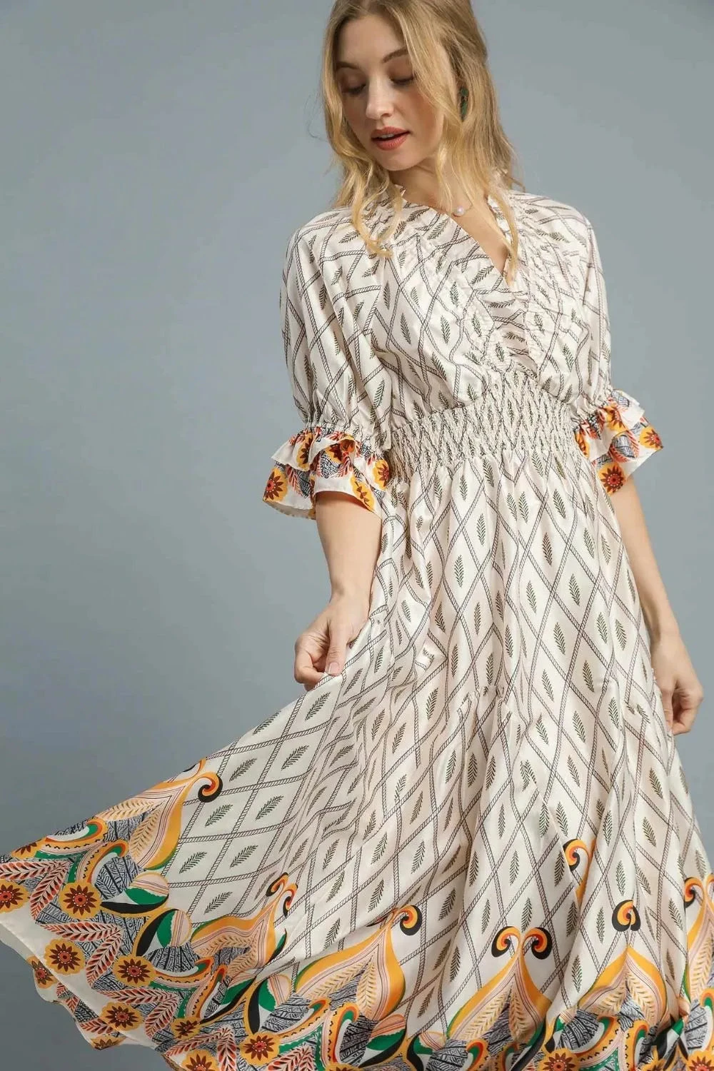 Umgee Printed Smocked Waist Flounce Sleeve Midi Dress 4 Umgee Printed Smocked Waist Flounce Sleeve Midi Dress - Image 2