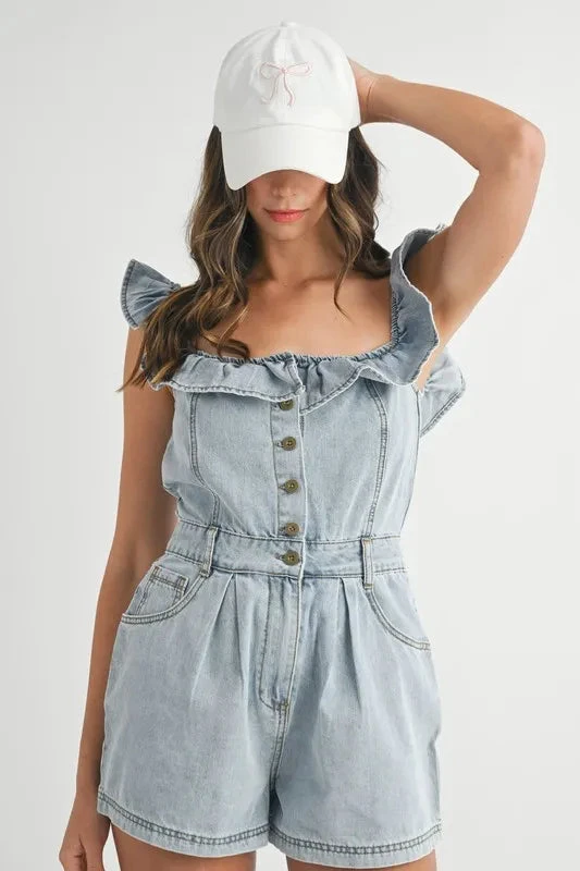 MABLE Off Shoulder Ruffle Detail Denim Romper 14 MABLE Off Shoulder Ruffle Detail Denim Romper - Image 12