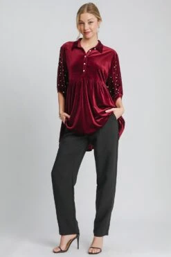 Umgee Pearl Detail Collared Neck Velvet Babydoll Blouse -Sydney So Sweet b4034e1e 9ff4 4294 95ad dd3d63a0f531 Max