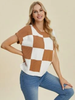 Double Take Full Size Checkered Round Neck Short Sleeve Sweater -Sydney So Sweet b690a706 eac8 4c6e bd82 e82596f87a75 Max
