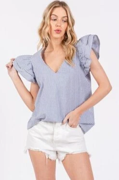 Ces Femme Striped V-Neck Ruffled Cap Sleeve Blouse -Sydney So Sweet b9a21aa2 d88c 4aab 83f5 c58e626b5d86 Min