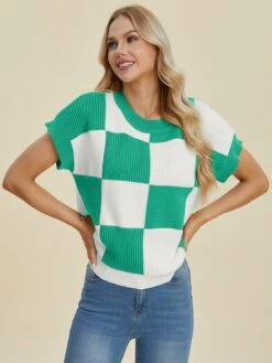 Double Take Full Size Checkered Round Neck Short Sleeve Sweater -Sydney So Sweet b9e9c591 adcc 4f36 88e0 d2c25374f53d Max