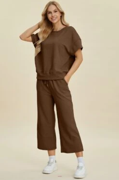 Double Take Full Size Texture Round Neck Top And Pants Set