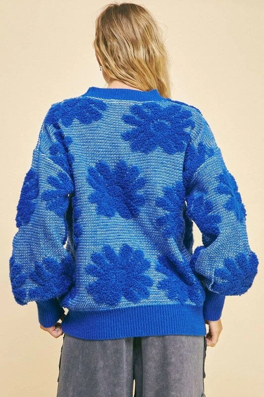 Davi & Dani Flower Texture Round Neck Dropped Shoulder Sweater 4 Davi & Dani Flower Texture Round Neck Dropped Shoulder Sweater - Image 2