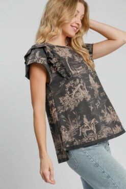 Umgee Ruffled Landscape Print Short Sleeve French Terry Top -Sydney So Sweet c4bde433 c34d 4a34 a1fe ea1f619c60dd Max