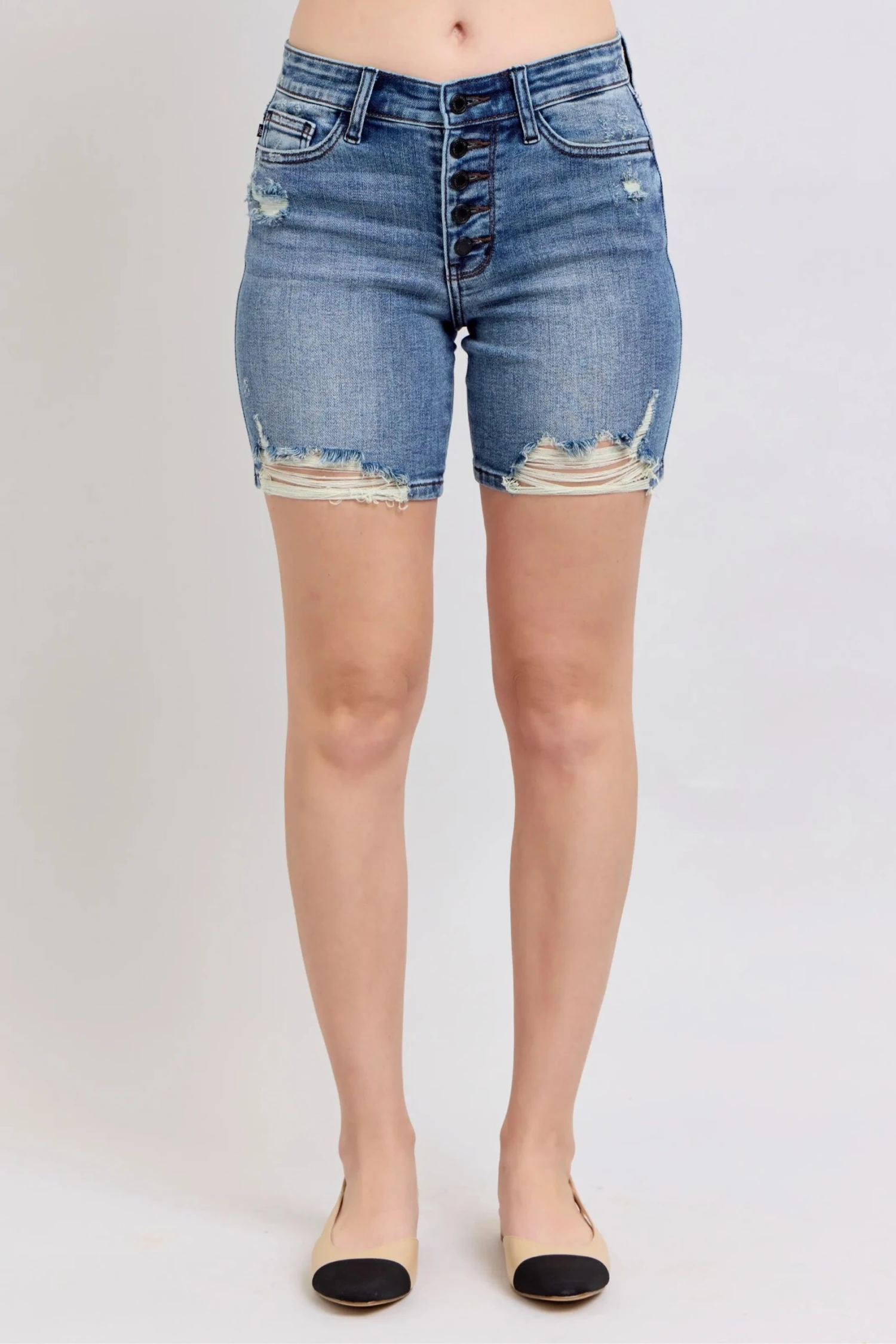 Judy Blue Button Fly Mid Length Denim Shorts W/ Destroy 4 Judy Blue Button Fly Mid Length Denim Shorts W/ Destroy - Image 2