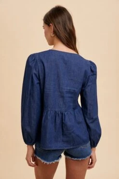 Annie Wear Tie Front Peplum Long Sleeve Denim Top -Sydney So Sweet cb5514f0 95ee 432f 868c 2100a4faabcb Max