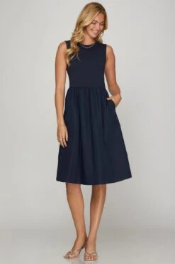 She + Sky Full Size Sleeveless Poplin Woven Midi Dress With Pockets Plus Size