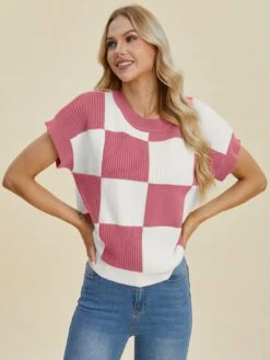 Double Take Full Size Checkered Round Neck Short Sleeve Sweater -Sydney So Sweet cfed5484 7afa 4144 b505 32cfd58316e2 Max