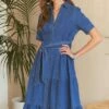 ADORA Tiered Button Down Tie Waist Short Sleeve Denim Dress