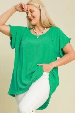 Umgee Full Size Seam Detail Linen Ruffle Fringe Edge Top Plus Size