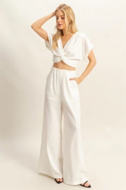 HYFVE Twisted Front Short Sleeve Top And Wide Leg Pants Set