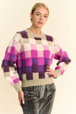 Davi & Dani Checkered Round Neck Long Sleeve Sweater -Sydney So Sweet dbc56093 0acc 4142 ade2 2fc9287bcd2a Max