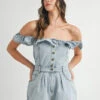 MABLE Off Shoulder Ruffle Detail Denim Romper