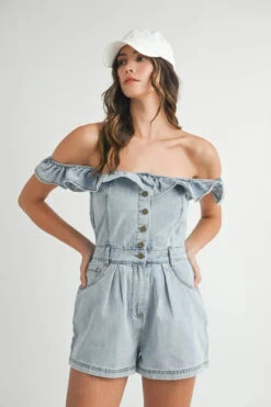 MABLE Off Shoulder Ruffle Detail Denim Romper