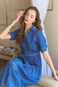 ADORA Tiered Button Down Tie Waist Short Sleeve Denim Dress -Sydney So Sweet df3535a9 2c0e 44f3 913d 9affef246a44 Min