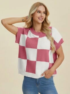 Double Take Full Size Checkered Round Neck Short Sleeve Sweater -Sydney So Sweet e509cf24 3183 4199 b649 ea9adb516e34 Max