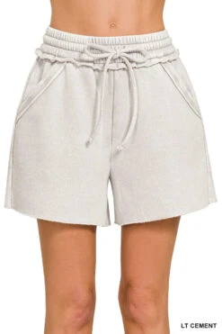 Zenana Acid Wash Fleece Drawstring Shorts With Pockets