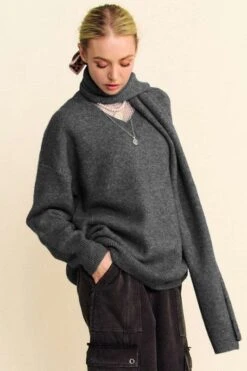 Davi & Dani V-Neck Dropped Shoulder Sweater With Scarf Set -Sydney So Sweet e98c689c 0ffc 4df0 8923 99bb6b66ff27 Max