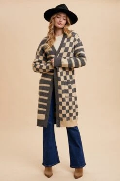 Annie Wear Checkered & Striped Open Front Long Sleeve Cardigan -Sydney So Sweet ecb36329 926a 4070 8f59 4ef5f387a308 Max