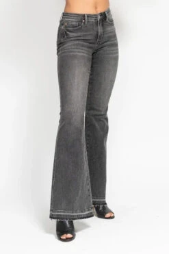 Judy Blue Full Size Mid Rise Tummy Control Washed Gray Release Hem Flare Jeans Plus Size