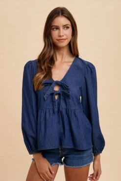 Annie Wear Tie Front Peplum Long Sleeve Denim Top -Sydney So Sweet ecde0c97 71fa 4a14 a75b f8e5a8071180 Max