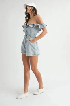 MABLE Off Shoulder Ruffle Detail Denim Romper 26 MABLE Off Shoulder Ruffle Detail Denim Romper -Sydney So Sweet ed1ed41718f14a0cb954a0186e333522 Max Origin