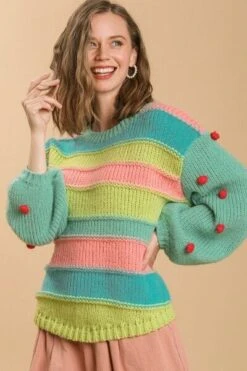 Umgee Full Size Color Block Cable Knit Sweater With Pom Pom Plus Size