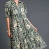 Umgee Full Size Printed Smocked Cuff Puff Sleeve Midi Dress Plus Size