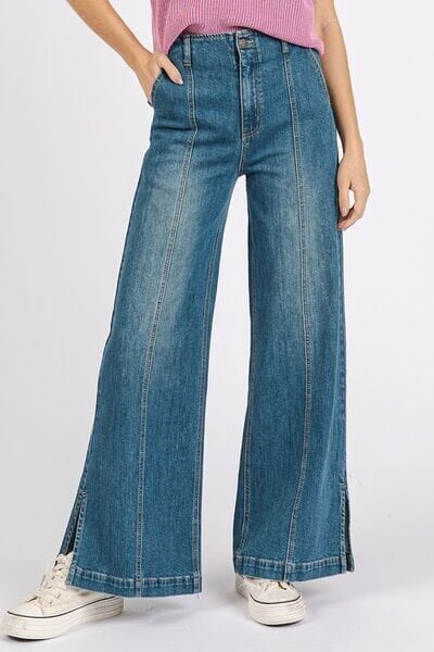 Mittoshop Medium Wash Seam Detail Wide Leg Denim Jeans 3 Mittoshop Medium Wash Seam Detail Wide Leg Denim Jeans