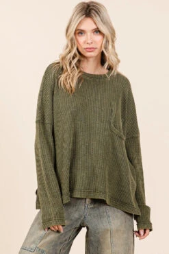 Mittoshop Mineral Wash Cutout Pocket Long Sleeve Waffle Top