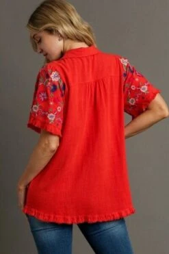 Umgee Full Size Linen Shirt With Embroidered Sleeves Plus Size -Sydney So Sweet fa08799c 023e 45a8 ad7a 04eb22037f21 Min