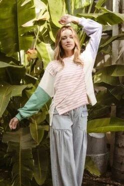 BiBi Exposed Seam Slit Striped Round Neck T-Shirt -Sydney So Sweet fb93a4f8 231c 4d0c aa49 d1a4e95060b2 Min