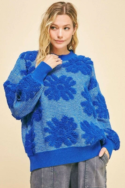 Davi & Dani Flower Texture Round Neck Dropped Shoulder Sweater 3 Davi & Dani Flower Texture Round Neck Dropped Shoulder Sweater